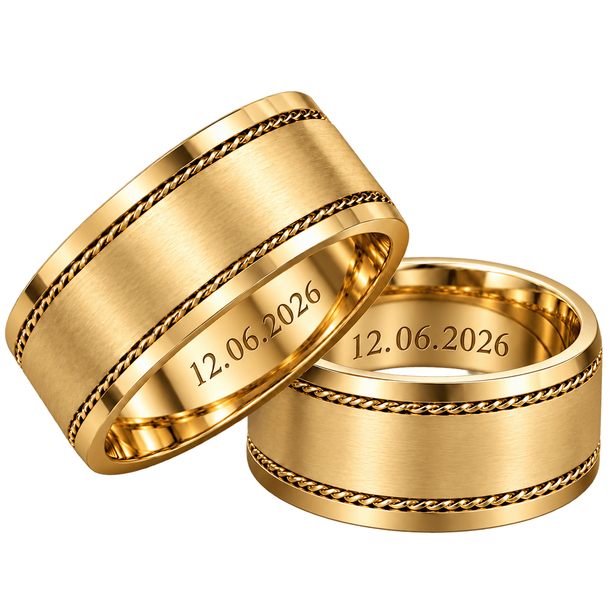 Par de alianças personalizadas em ouro amarelo com a data 12.06.2026 gravada internamente