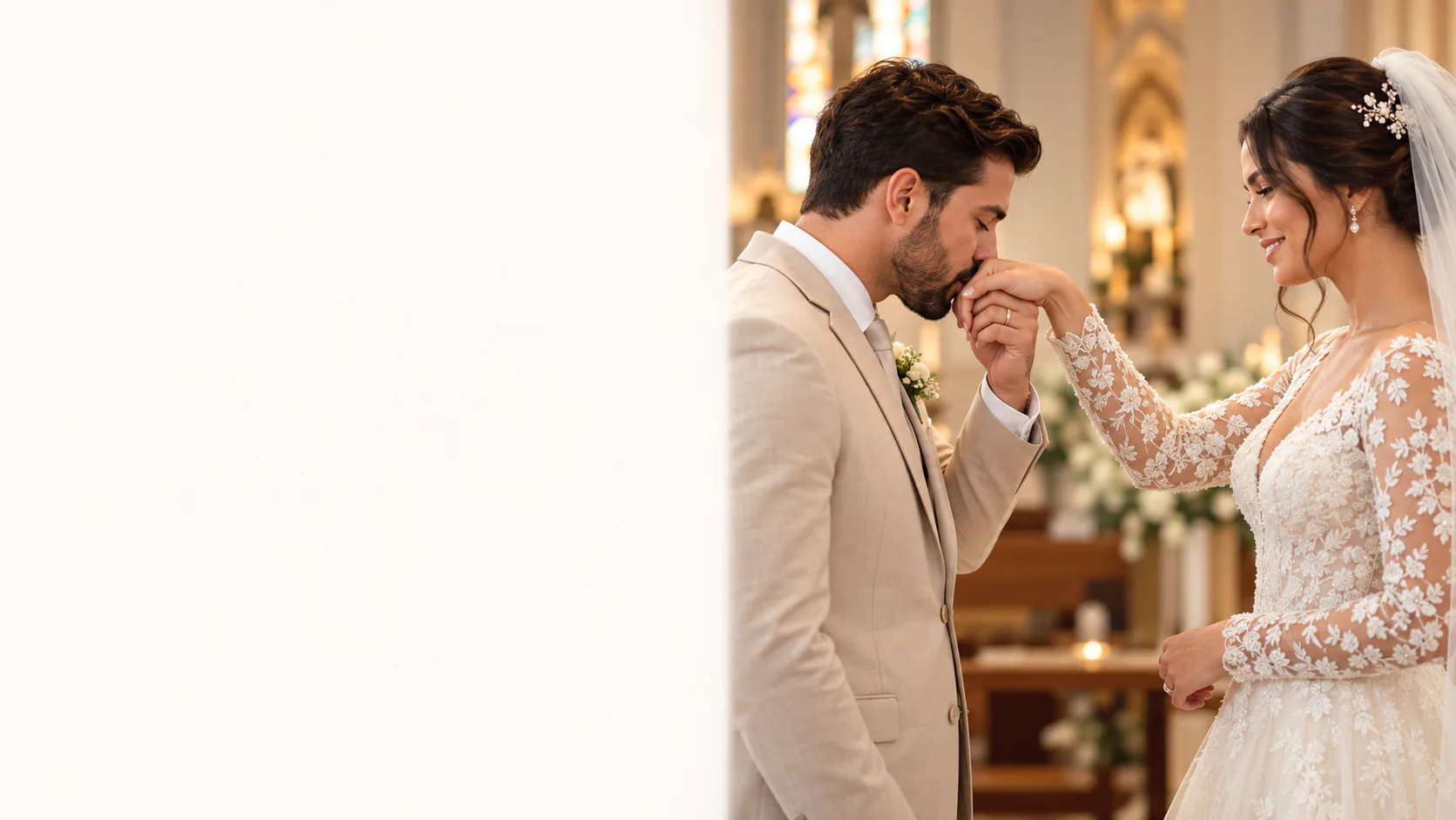 Noivo beijando a mão da noiva durante a cerimônia