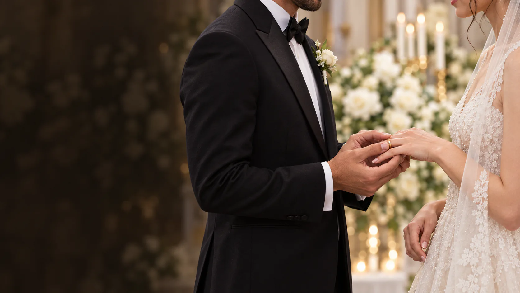 Noivos trocando alianças durante a cerimônia de casamento